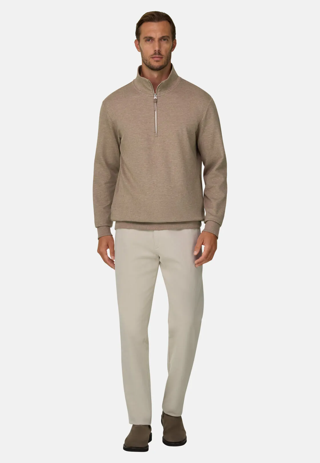 Boggi, Felpa Mezza Zip In Misto Cotone Scuba Melange, Uomo, Biscotto, Taglia: XXL - immagine 2