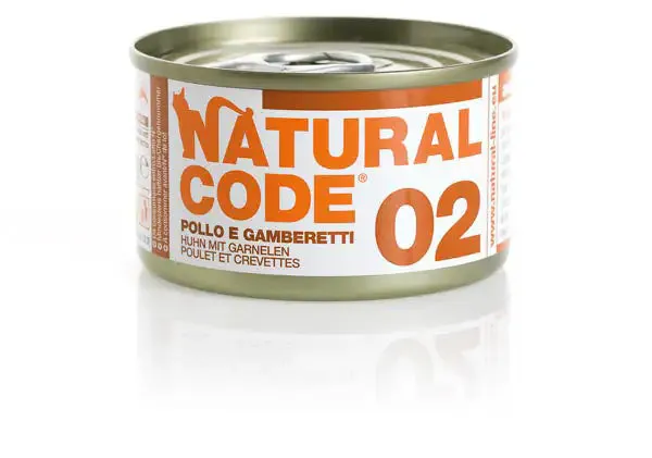 Natural Code acqua di cottura 85 gr 02 - Pollo e Gamberetti - confezione da 24 pezzi - Cibo umido per gatti - immagine 1