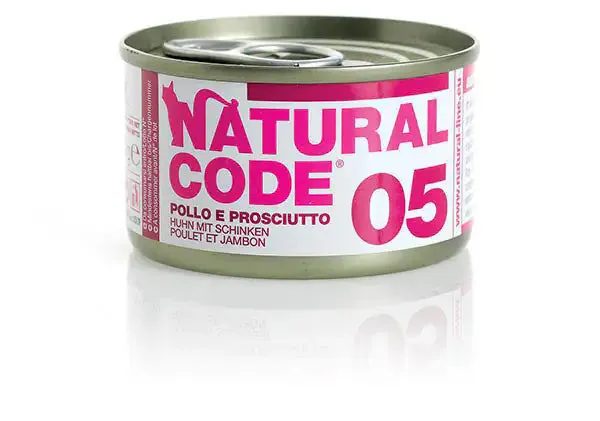 Natural Code acqua di cottura 85 gr 05 - Pollo e Prosciutto - confezione da 24 pezzi - Cibo umido per gatti - immagine 1