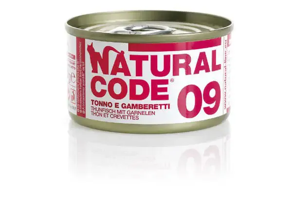Natural Code acqua di cottura 85 gr 09 - Tonno e Gamberetti - confezione da 24 pezzi - Cibo umido per gatti - immagine 1