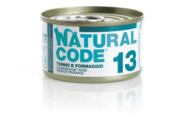Natural Code acqua di cottura 85 gr 13 - Tonno e Formaggio - confezione da 24 pezzi - Cibo umido per gatti - immagine 1