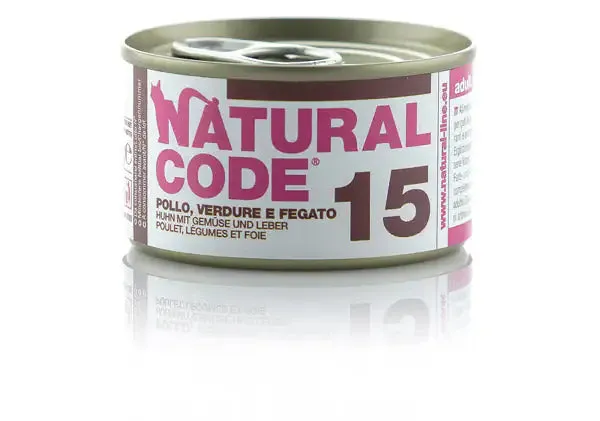 Natural Code acqua di cottura 85 gr 15 - Fiocchi di Pollo, Verdure e Fegato - confezione da 24 pezzi - Cibo umido per gatti - immagine 1