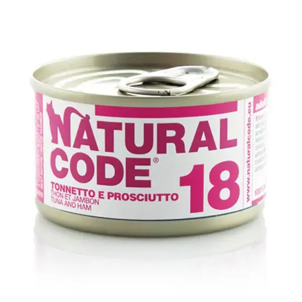 Natural Code acqua di cottura 85 gr 18 - Tonnetto e Prosciutto - confezione da 24 pezzi - Cibo umido per gatti - immagine 1