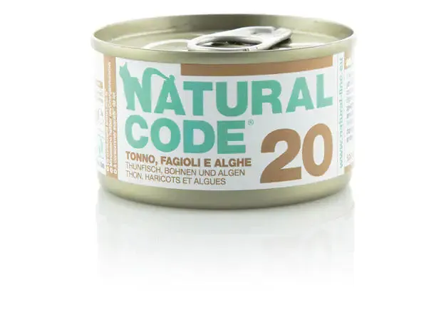Natural Code acqua di cottura 85 gr 20 - Tonno, Fagioli e Alghe - confezione da 24 pezzi - Cibo umido per gatti - immagine 1