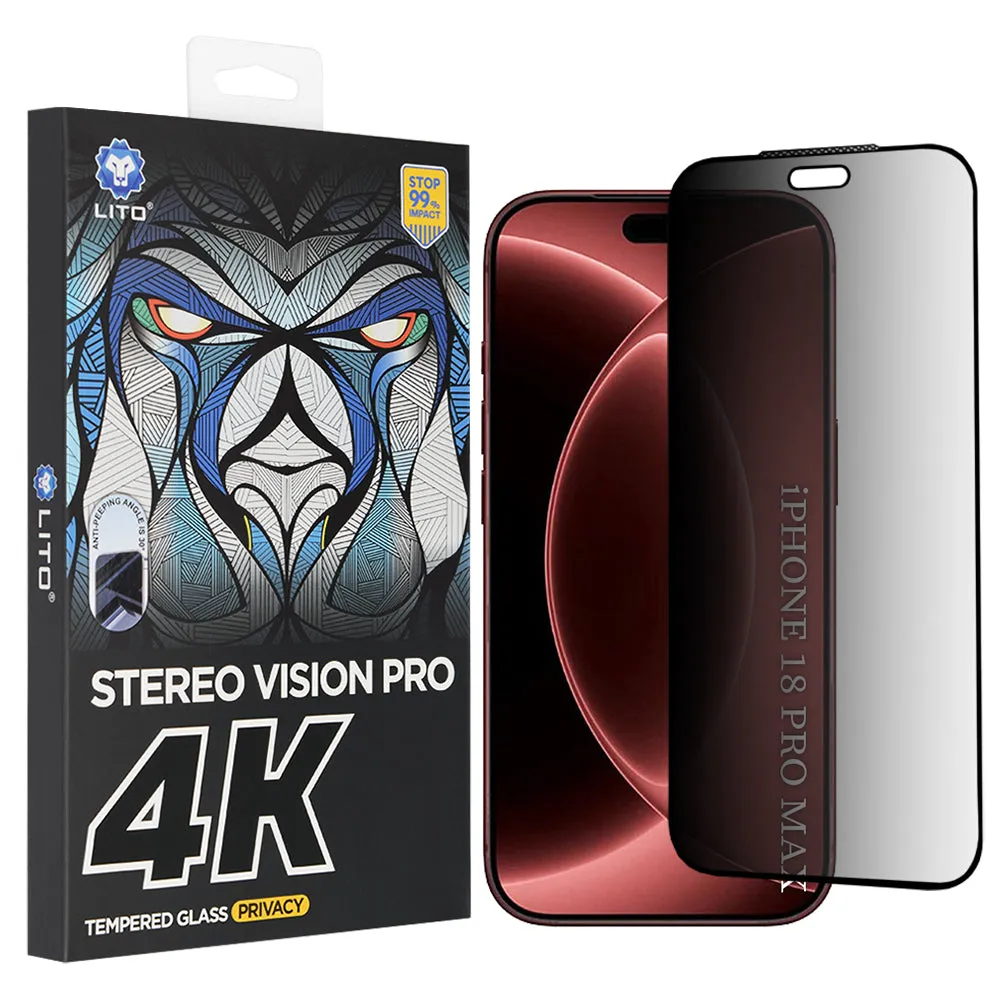 Pellicola protettiva per schermo Privacy Lito D+ Max 4K per Apple iPhone 18 Pro Max, Vetro temperato, Full Glue - immagine 1