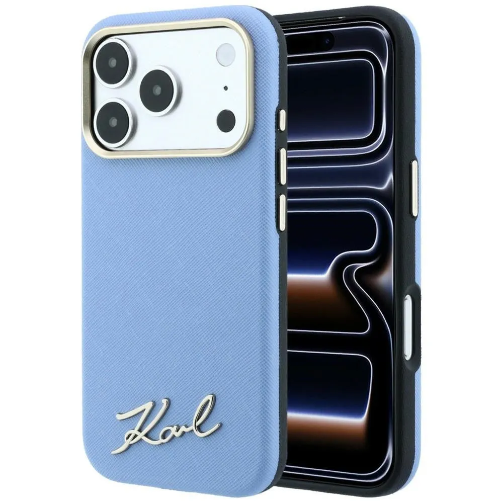 Custodia MagSafe per Apple iPhone 18 Pro / 17 Pro, Karl Lagerfeld, Saffiano Small Script Metal Logo, Blu - immagine 1