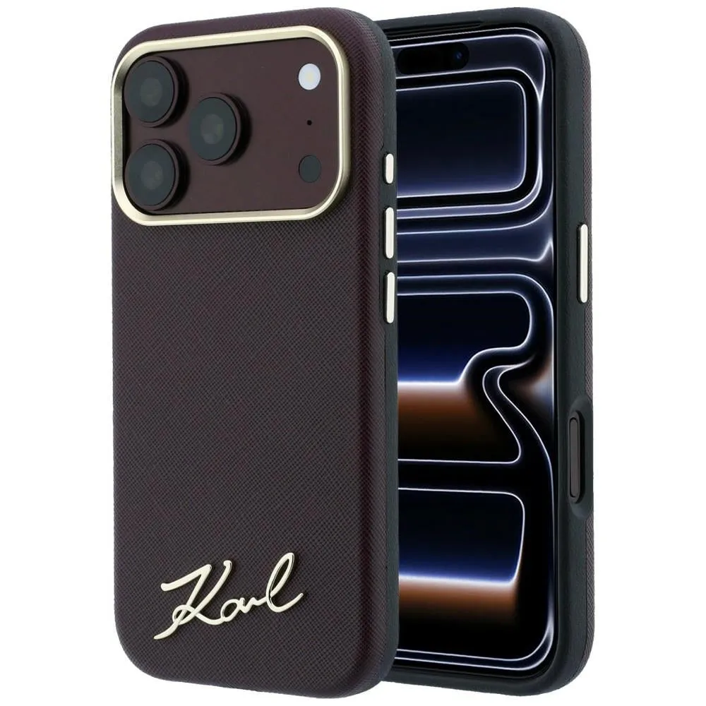 Custodia MagSafe per Apple iPhone 18 Pro Max / 17 Pro Max, Karl Lagerfeld, Saffiano Small Script Metal Logo, Vinaccia - immagine 1