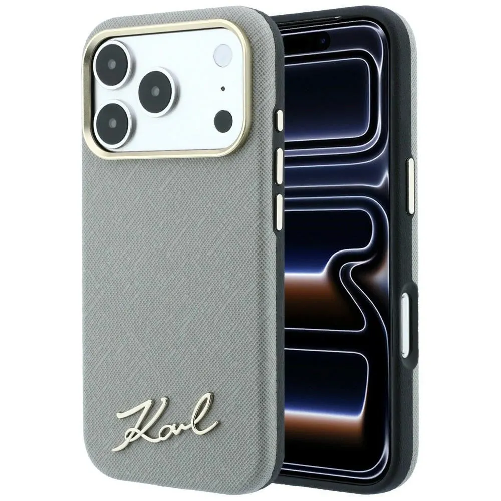 Custodia MagSafe per Apple iPhone 18 Pro Max / 17 Pro Max, Karl Lagerfeld, Saffiano Small Script Metal Logo, Beige - immagine 1