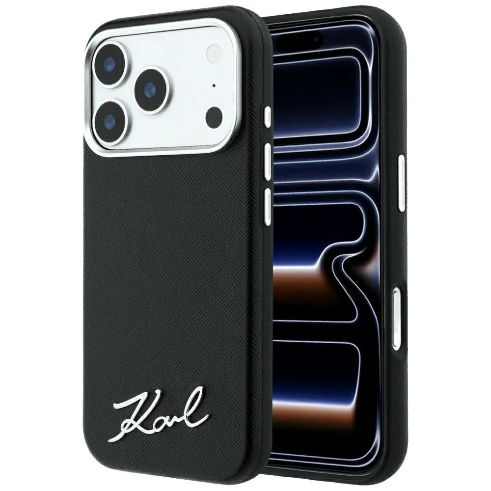 Custodia MagSafe per Apple iPhone 18 Pro Max / 17 Pro Max, Karl Lagerfeld, Saffiano Small Script Metal Logo, Nera - immagine 1