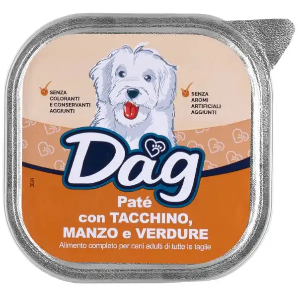 Dag Dog All Breeds Patè 300 gr Tacchino, manzo e verdure - confezione da 6 pezzi - Cibo umido per cani - immagine 1