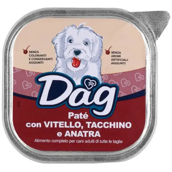 Dag Dog All Breeds Patè 300 gr Vitello, tacchino e anatra - confezione da 6 pezzi - Cibo umido per cani - immagine 1