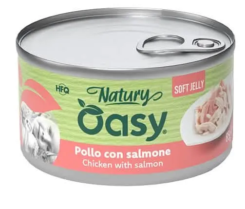 Oasy wet cat natury soft jelly pollo con salmone lattina 150 g - immagine 1