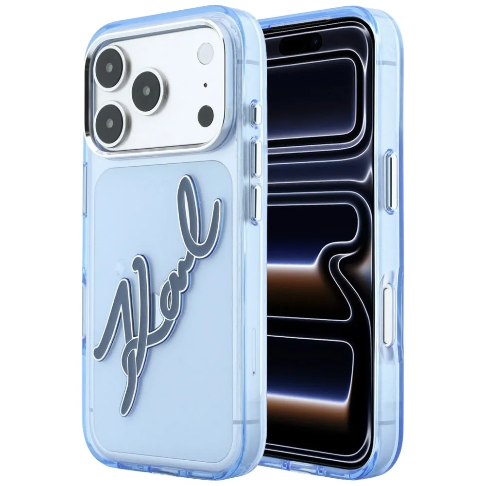 Custodia per Apple iPhone 18 Pro Max / 17 Pro Max, Karl Lagerfeld, IML Big Signature Resin Logo Cornice in Metallo, Blu - immagine 1