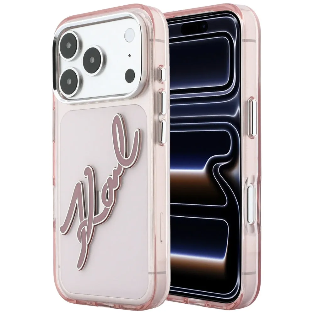 Custodia per Apple iPhone 18 Pro / 17 Pro, Karl Lagerfeld, IML Big Signature Resin Logo e Cornice in Metallo, Rosa - immagine 1