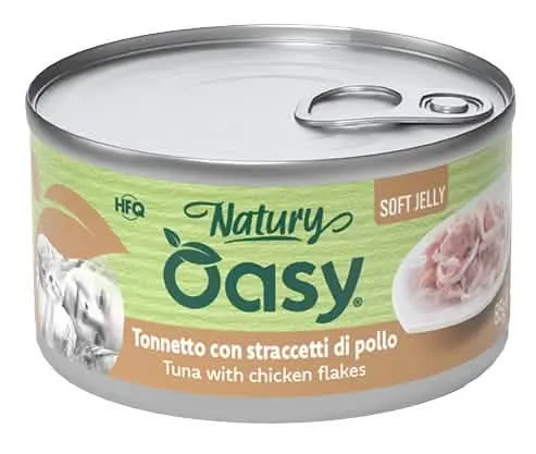 Oasy wet cat natury soft jelly tonnetto con straccetti di pollo lattina 150 g - immagine 1
