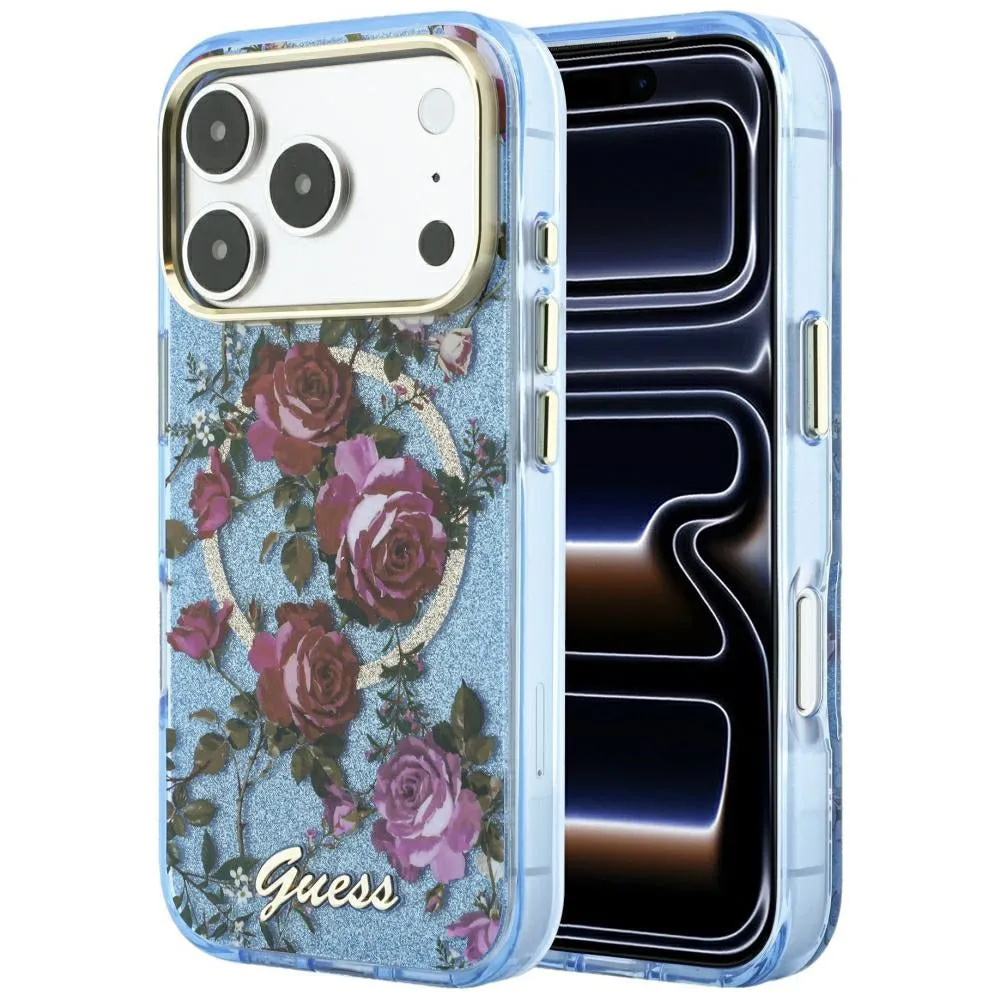 Custodia MagSafe per Apple iPhone 18 Pro Max / 17 Pro Max, Guess, IML Glitter Blossom Roses, Blu - immagine 1