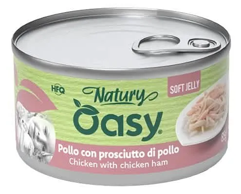Oasy wet cat natury soft jelly pollo con prosciutto di pollo lattina 150 g - immagine 1