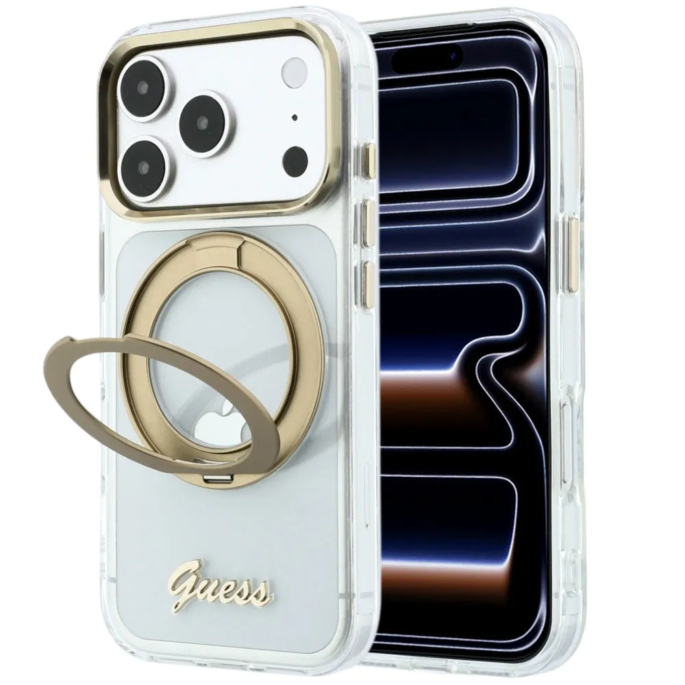 Custodia MagSafe per Apple iPhone 18 Pro, Guess, Ring Stand Script Metal Logo, Trasparente - immagine 1