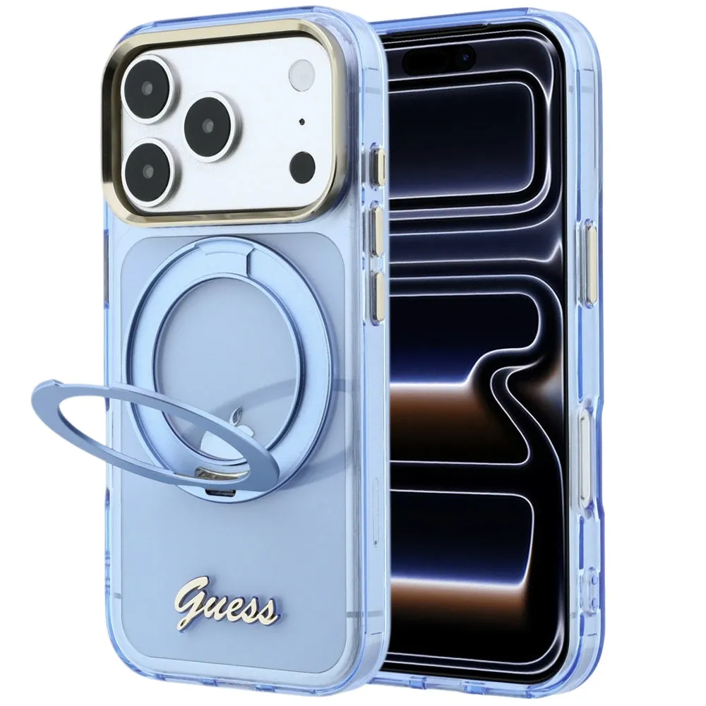 Custodia MagSafe per Apple iPhone 18 Pro Max / 17 Pro Max, Guess, Ring Stand Script Metal Logo, Blu - immagine 1