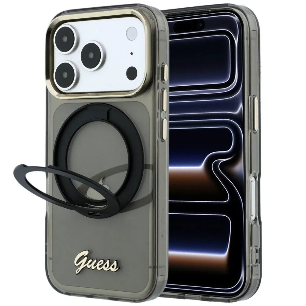 Custodia MagSafe per Apple iPhone 18 Pro / 17 Pro, Guess, Ring Stand Script Metal Logo, Nera - immagine 1