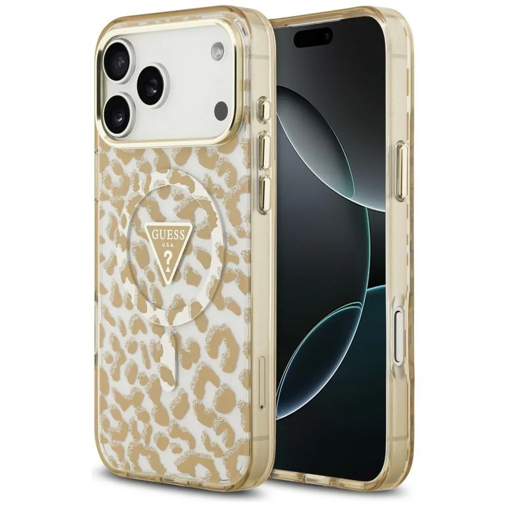 Custodia MagSafe per Apple iPhone 18 Pro / 17 Pro, Guess, Logo Triangolo Leopardo Glitter, Marrone - immagine 1