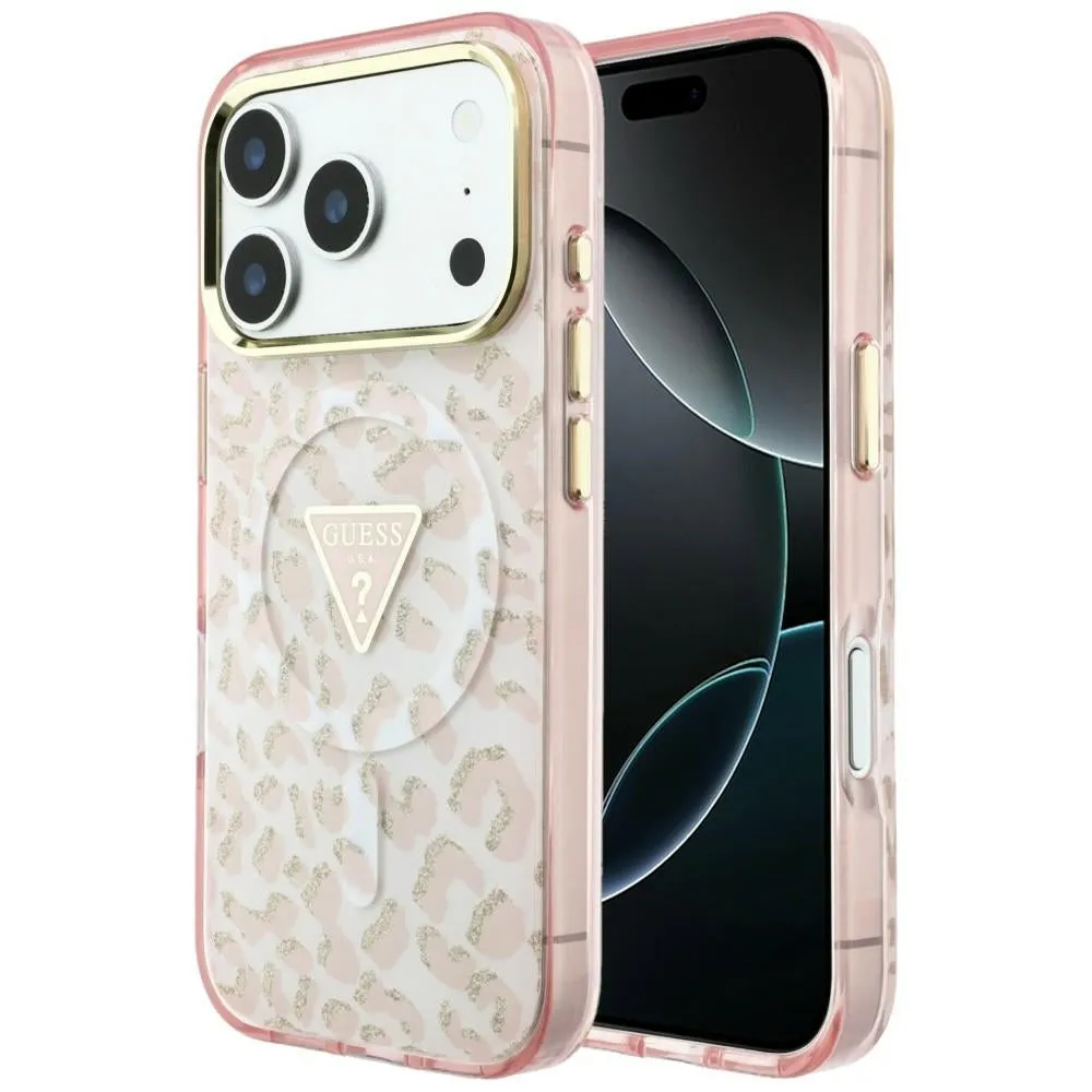 Custodia MagSafe per Apple iPhone 18 Pro / 17 Pro, Guess, Logo Triangolo Glitter Leopardo, Rosa - immagine 1