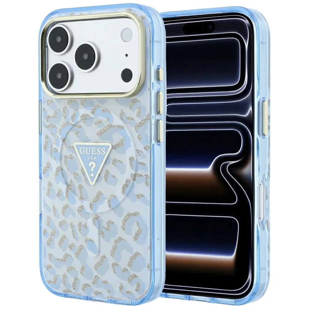 Custodia MagSafe per Apple iPhone 18 Pro Max / 17 Pro Max, Guess, Logo Triangolo Glitter Leopardo, Blu - immagine 1