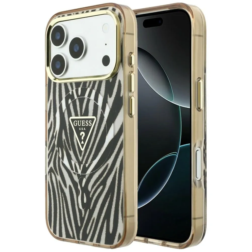Custodia MagSafe per Apple iPhone 18 Pro Max / 17 Pro Max, Guess, Logo Triangolo Glitter Zebra, Dorata - immagine 1