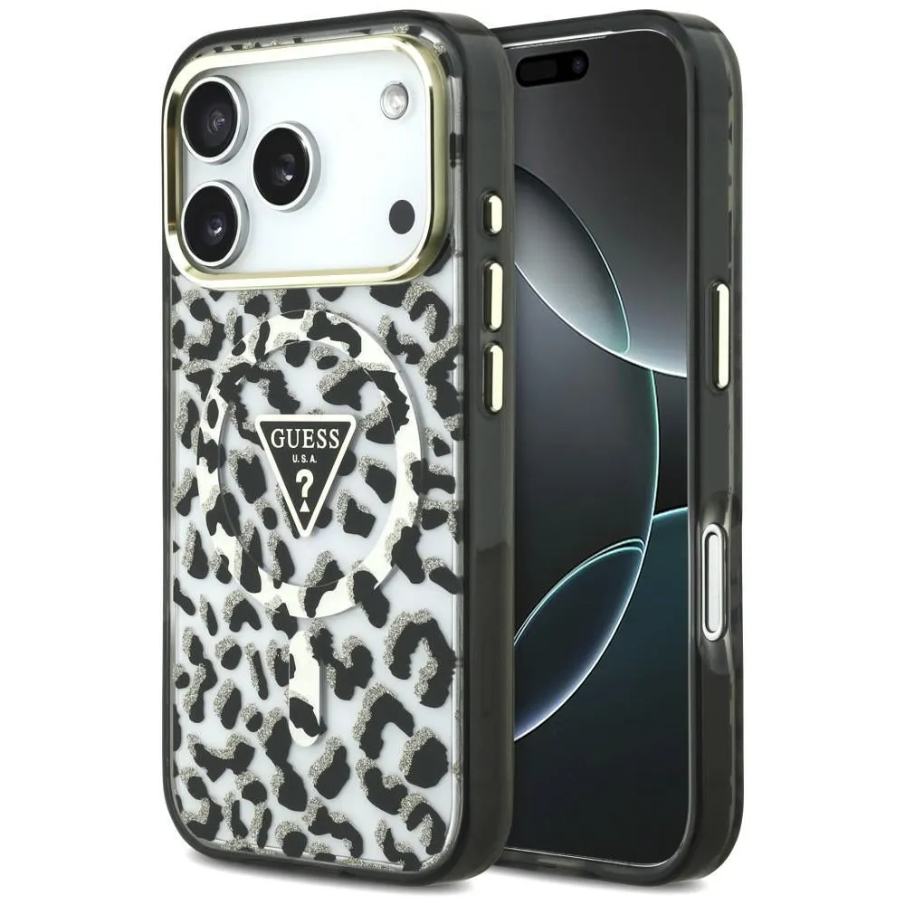 Custodia MagSafe per Apple iPhone 18 Pro Max / 17 Pro Max, Guess, Logo Triangolo Glitter Leopardo, Nera - immagine 1
