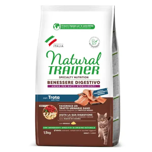 Natural Trainer Speciality Nutrition Benessere digestivo Monoproteico Adult con Trota e ananas 1,5 kg - Cibo monoproteico gatto - immagine 1