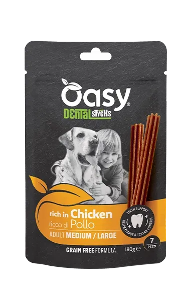 Oasy snack dog grain free dental stycks adult medium/large pollo busta 180 g - immagine 1