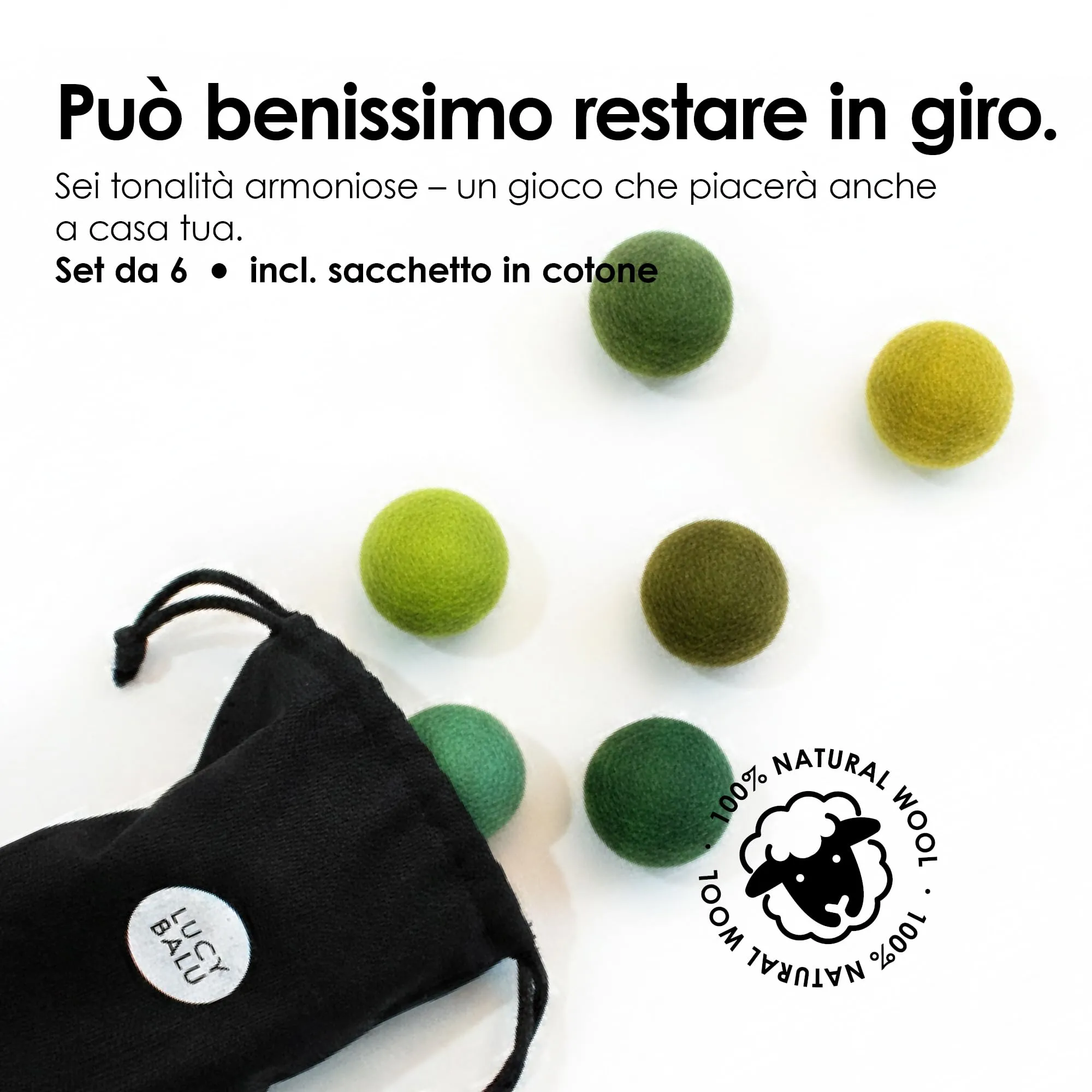 LucyBalu® Matcha Mix Set 6 palline in feltro di lana per gatti - immagine 6