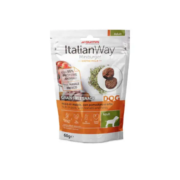 ItalianWay snack per cani Miniburger Grain Free 60 gr Maiale con pomodoro - immagine 1