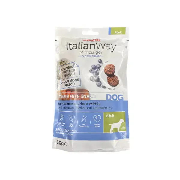 ItalianWay snack per cani Miniburger Grain Free 60 gr Salmone, erbe e mirtilli - immagine 1