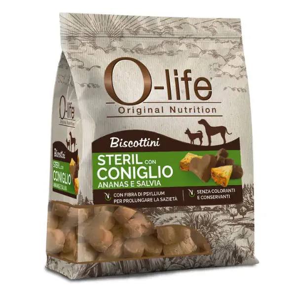 O-life Dog Adult Sterilised biscotti per cani 200 gr Coniglio, ananas e salvia - immagine 1