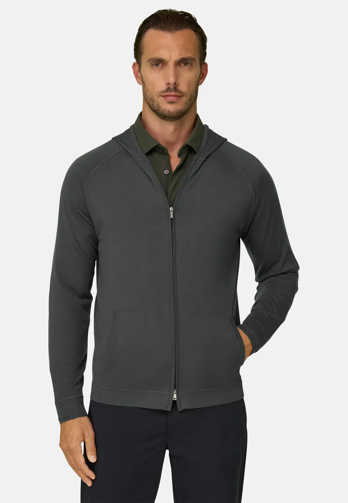 Boggi, Felpa Di Maglia Full Zip Cappuccio In Merino Superfine, Uomo, Militare, Taglia: XL - immagine 1