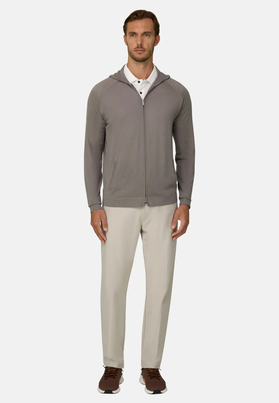 Boggi, Felpa Di Maglia Full Zip Cappuccio In Merino Superfine, Uomo, Taupe, Taglia: M - immagine 2