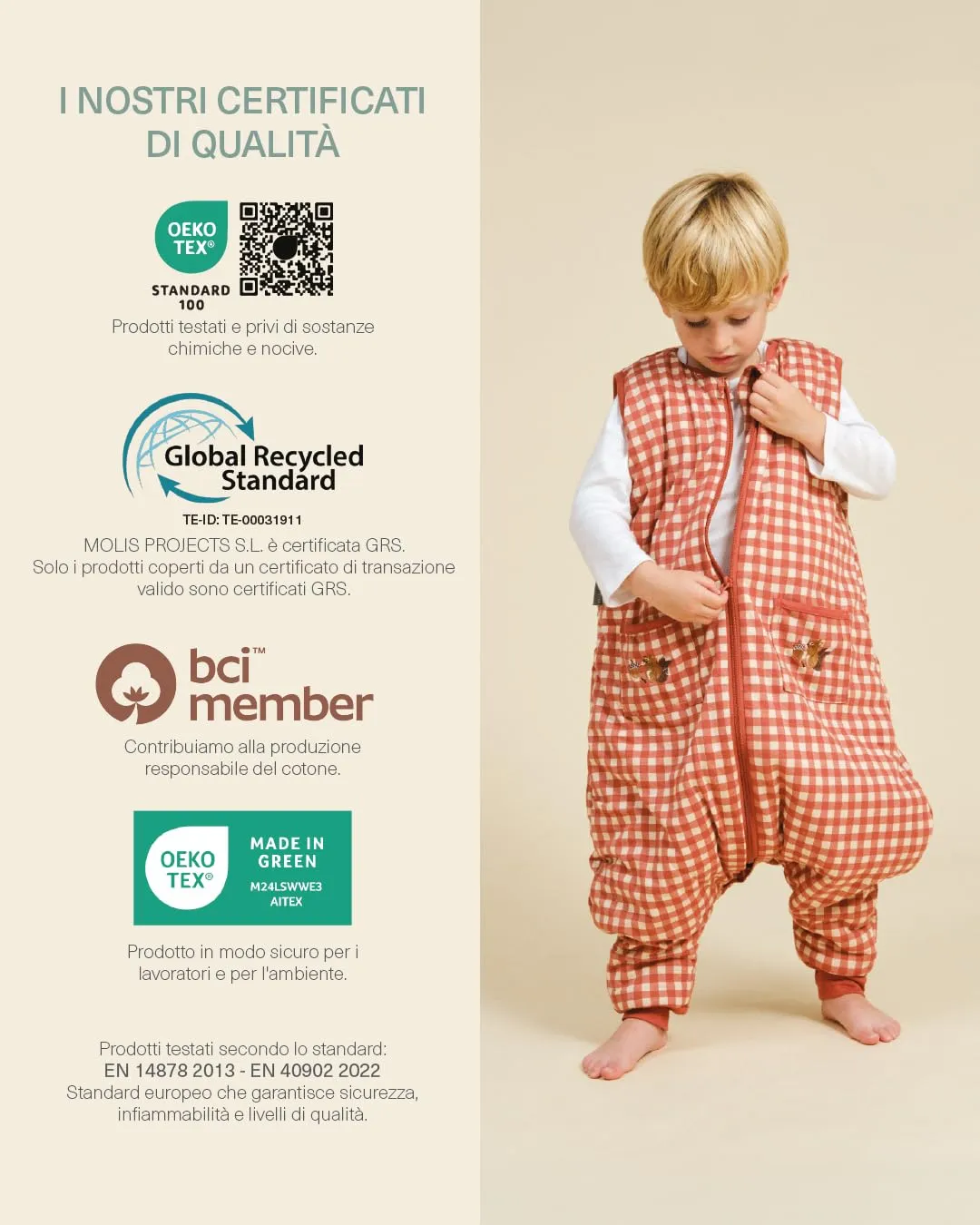 molis&co - Sacco Nanna con Piedini - Sacco Nanna Invernale per Bambini - Sacchi Nanna 2.5 tog con Piedini - 100% Cotone (Oeko-Tex 100) - Vichy Clay (2 Anni) - immagine 7