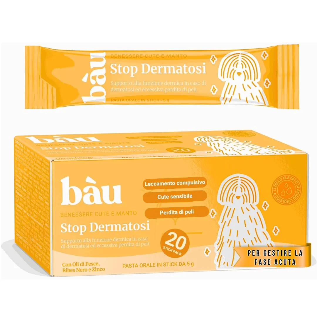Bau Stop Dermatosi Cane e Prurito Fase Acuta, Stop Dermatite Integratore Pelle e Pelo, per Perdita Pelo, Cute Irritata, Prurito e Forfora, Supporto Funzione Dermica in 20 Sticks Appetibili - immagine 1