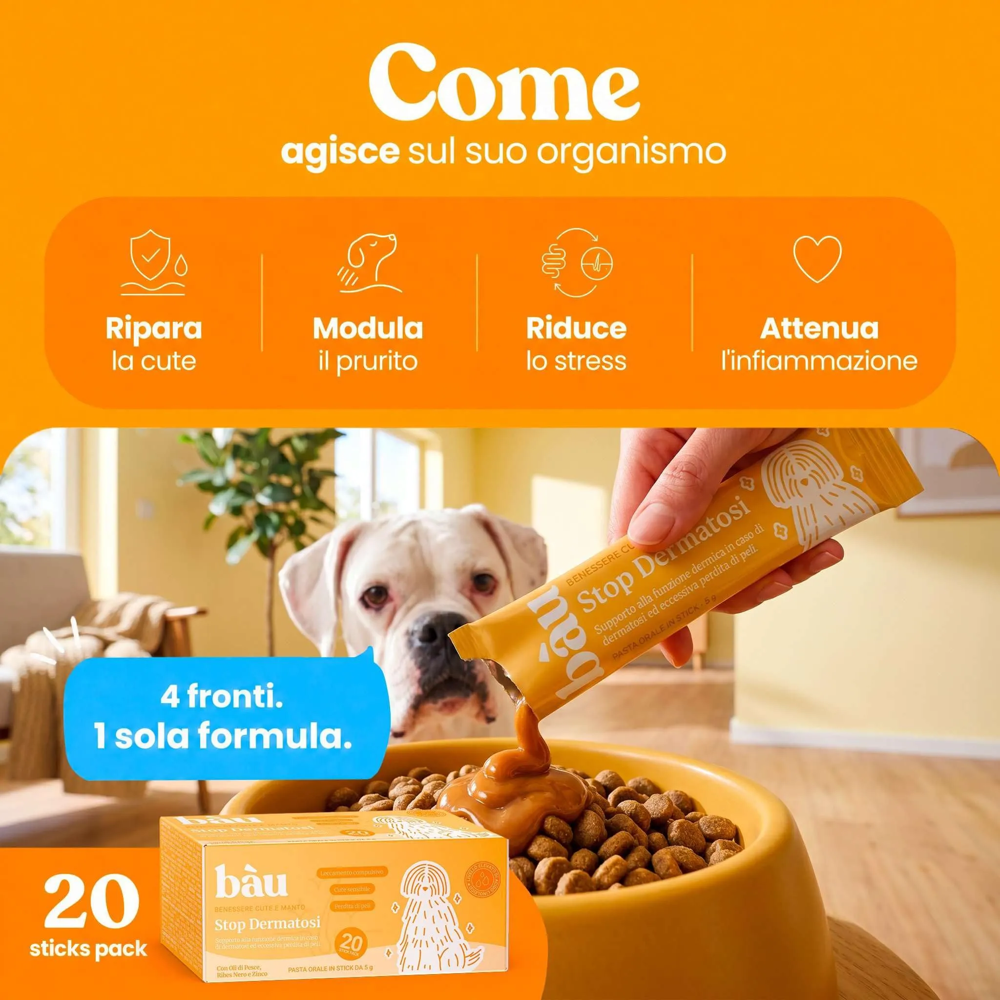 Bau Stop Dermatosi Cane e Prurito Fase Acuta, Stop Dermatite Integratore Pelle e Pelo, per Perdita Pelo, Cute Irritata, Prurito e Forfora, Supporto Funzione Dermica in 20 Sticks Appetibili - immagine 3