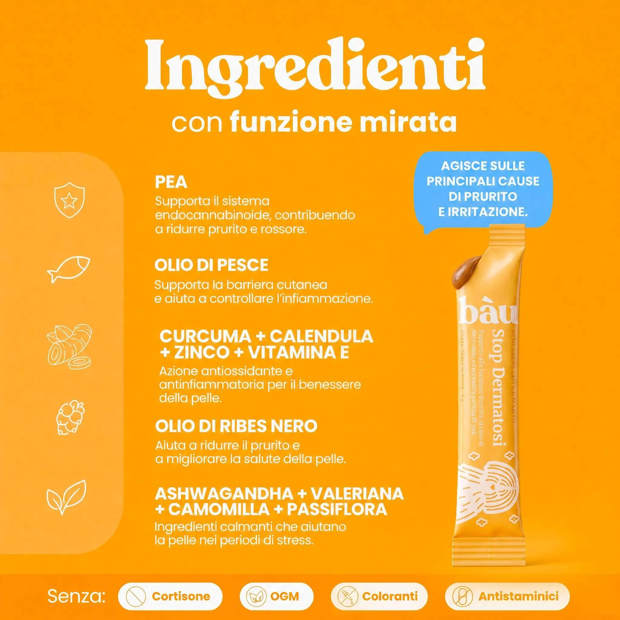 Bau Stop Dermatosi Cane e Prurito Fase Acuta, Stop Dermatite Integratore Pelle e Pelo, per Perdita Pelo, Cute Irritata, Prurito e Forfora, Supporto Funzione Dermica in 20 Sticks Appetibili - immagine 5