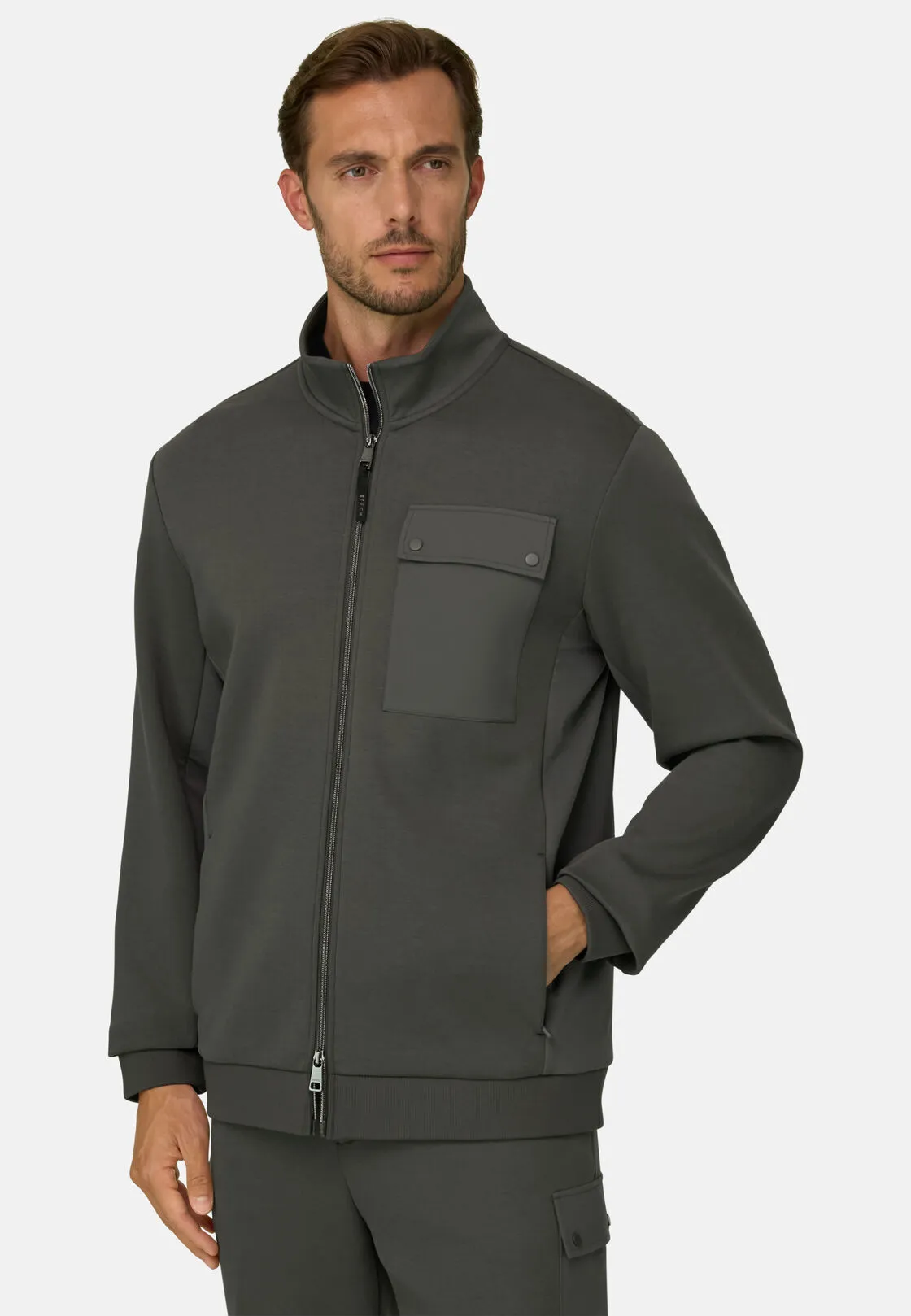 Boggi, Felpa Full Zip In Misto Cotone Scuba B Tech, Uomo, Militare, Taglia: M - immagine 1