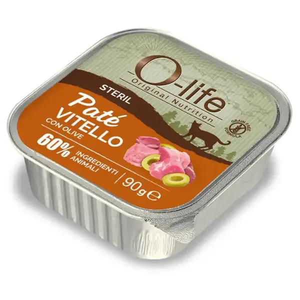 O-life Cat Sterilised Grain Free Patè +60% ingredienti animali 90 gr Vitello con olive - Cibo umido per gatti - immagine 1