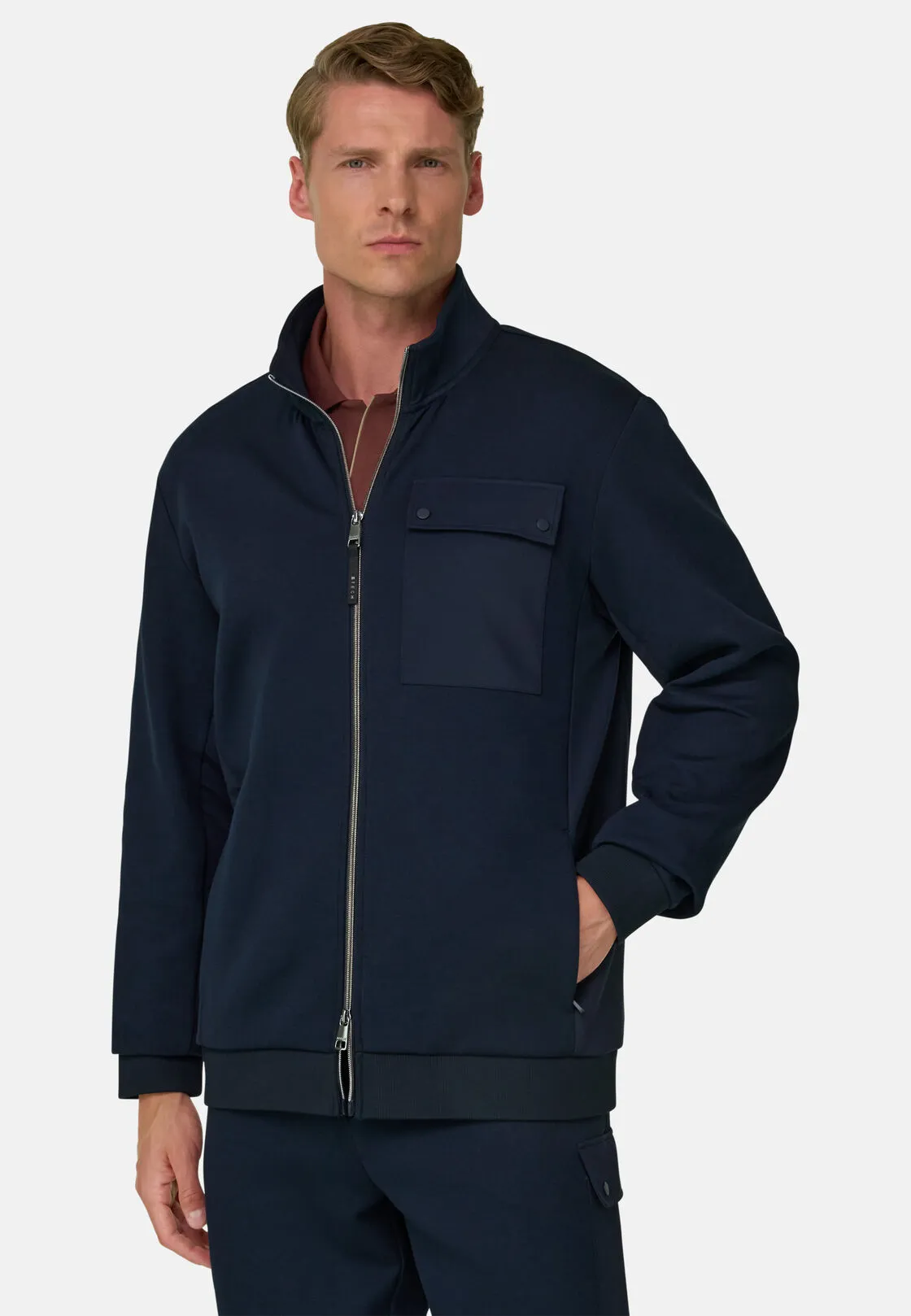 Boggi, Felpa Full Zip In Misto Cotone Scuba B Tech, Uomo, Navy, Taglia: M - immagine 1
