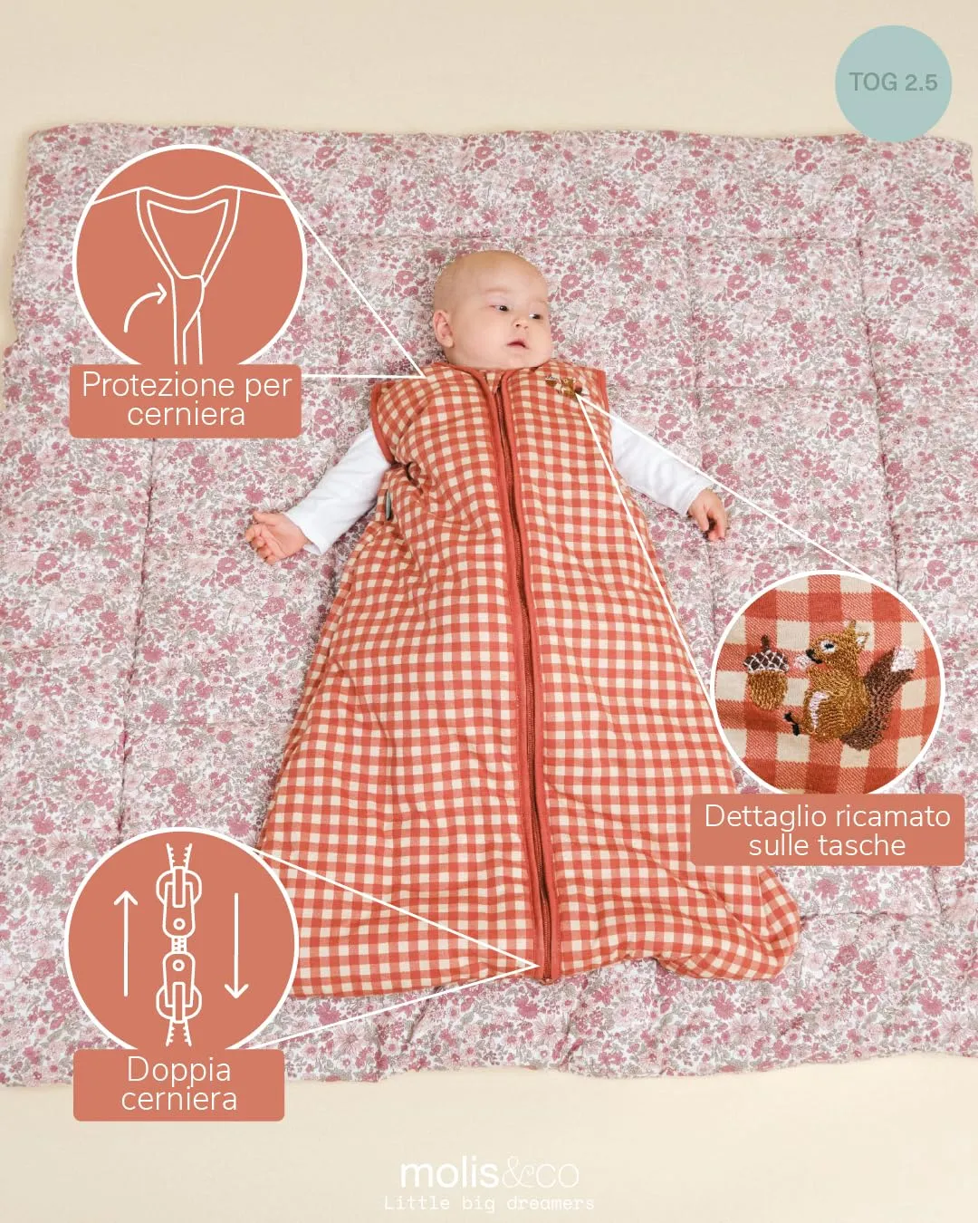 molis&co - Sacco Nanna - Sacco nanna invernale per Neonati e Bambini - Sacchi Nanna 2.5 tog - 100% Cotone (Oeko-TEX 100) - Vichy Clay (0 a 6 mesi) - immagine 3