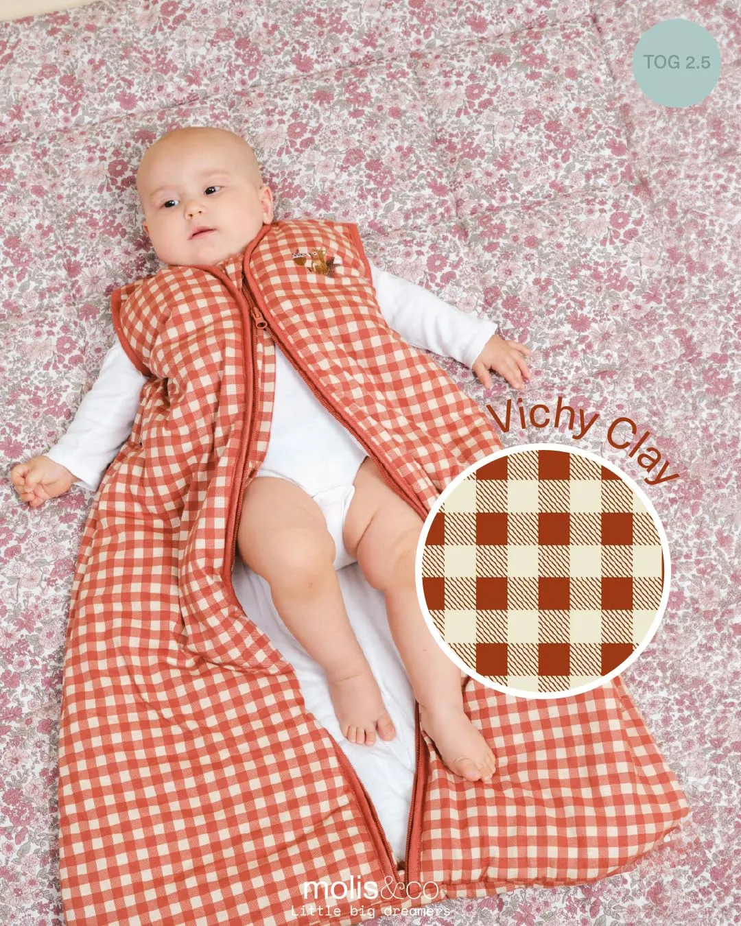 molis&co - Sacco Nanna - Sacco nanna invernale per Neonati e Bambini - Sacchi Nanna 2.5 tog - 100% Cotone (Oeko-TEX 100) - Vichy Clay (0 a 6 mesi) - immagine 4