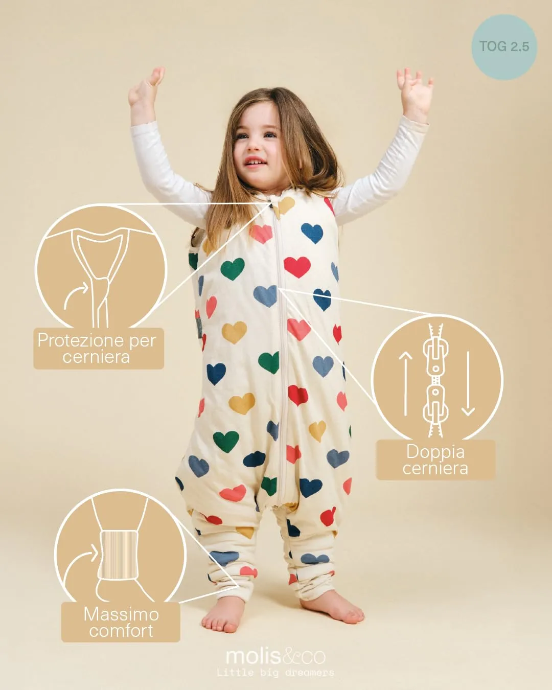 molis&co - Sacco Nanna con Piedini - Sacco Nanna Invernale per Bambini - Sacchi Nanna 2.5 tog con Piedini - 100% Cotone (Oeko-Tex 100) - Hearts (1 Anno) - immagine 3