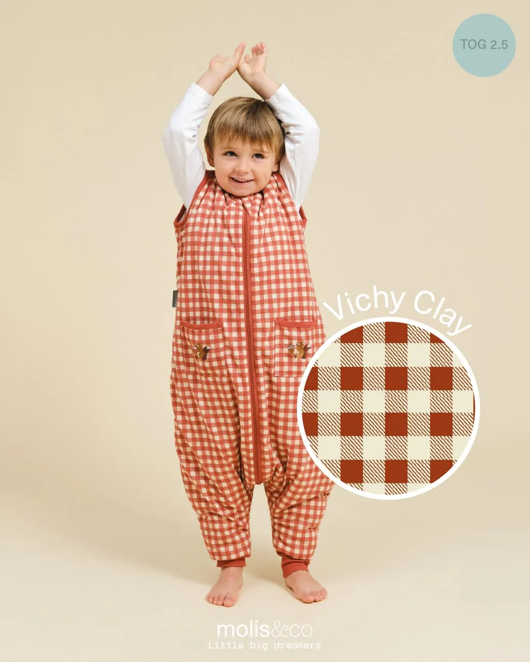 molis&co - Sacco Nanna con Piedini - Sacco Nanna Invernale per Bambini - Sacchi Nanna 2.5 tog con Piedini - 100% Cotone (Oeko-Tex 100) - Vichy Clay (3 Anni) - immagine 4