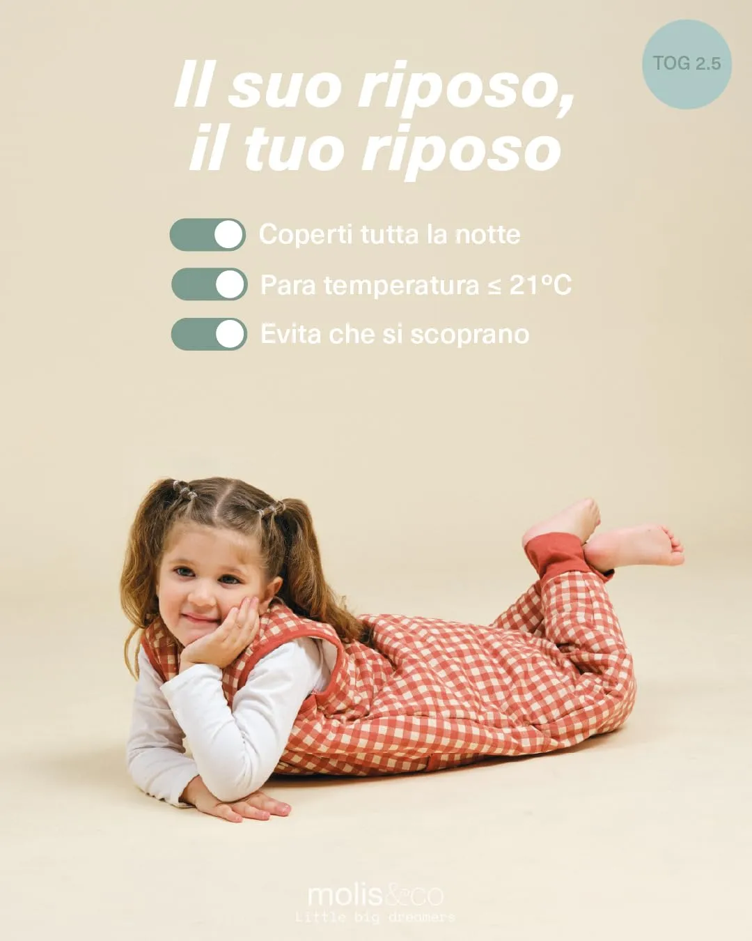 molis&co - Sacco Nanna con Piedini - Sacco Nanna Invernale per Bambini - Sacchi Nanna 2.5 tog con Piedini - 100% Cotone (Oeko-Tex 100) - Vichy Clay (3 Anni) - immagine 5