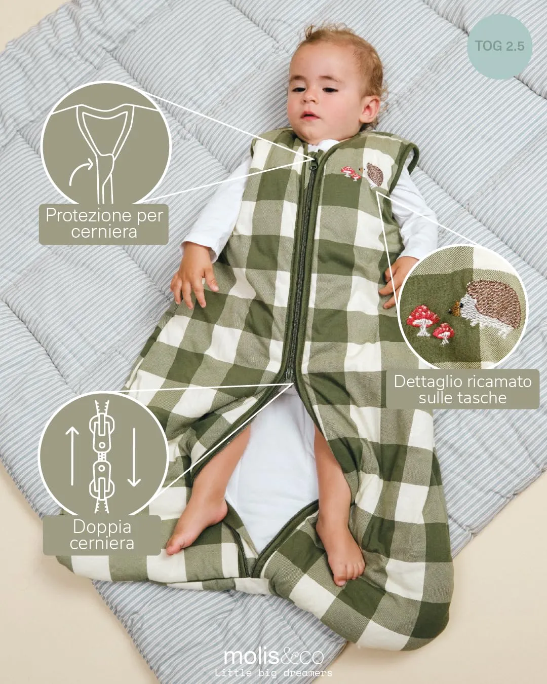 molis&co - Sacco Nanna - Sacco nanna invernale per Neonati e Bambini - Sacchi Nanna 2.5 tog - 100% Cotone (Oeko-TEX 100) (Vichy Forest, 6-18 mesi) - immagine 3